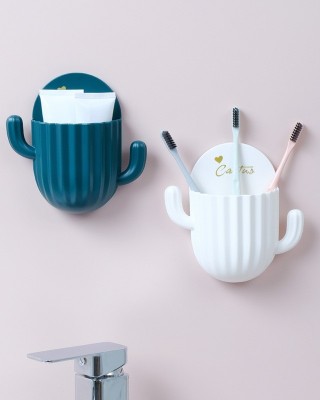 4 PCS Cactus Shape Punch  Free Toothbrush Toothpaste Storage Rack Bathroom Wall Suction Dental Holder  Random Color